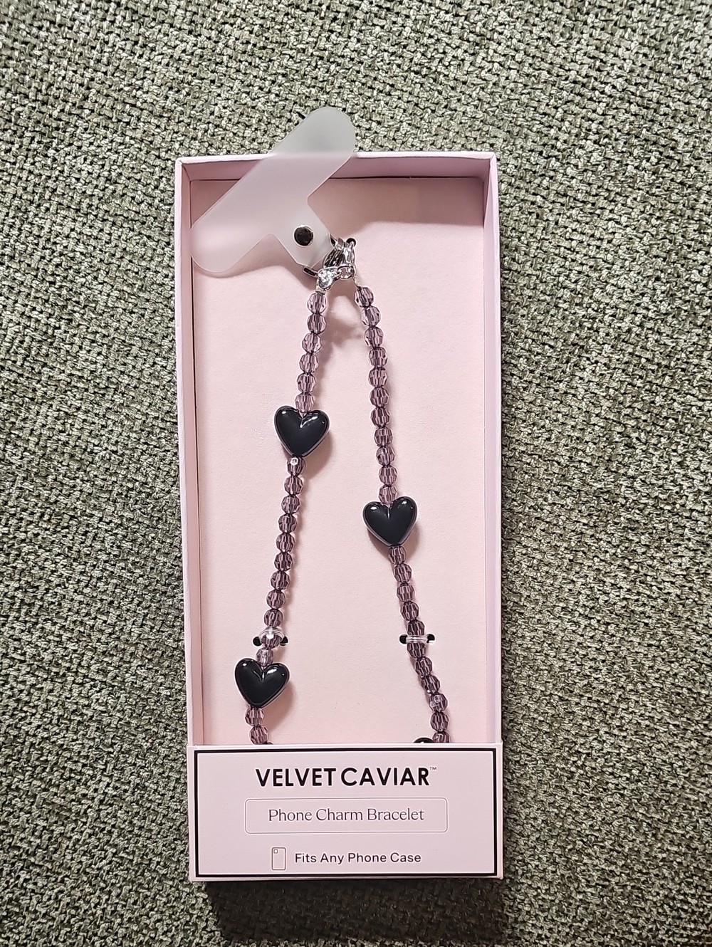 Velvet Caviar Beaded Phone Charm with Black Heart Accents